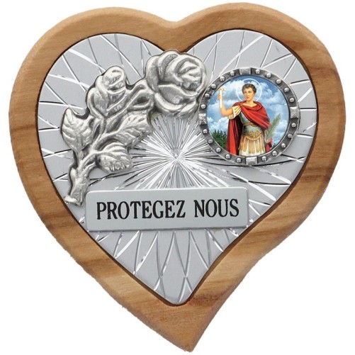 Plaque auto en bois d’olivier forme coeur avec rose- H 4 x 4 cm- Différents Saints-
