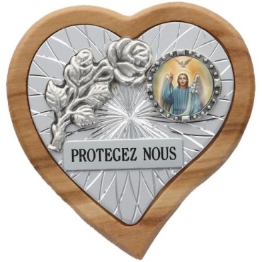 Plaque auto en bois d'olivier forme coeur avec rose- H 4 x 4 cm- Différents Saints-.
