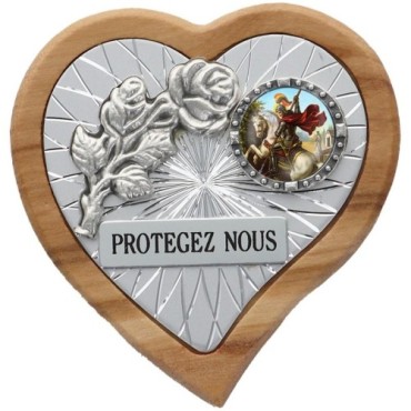 Plaque auto en bois d'olivier forme coeur avec rose- H 4 x 4 cm- Différents Saints-.