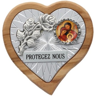 Plaque auto en bois d'olivier forme coeur avec rose- H 4 x 4 cm- Différents Saints-.