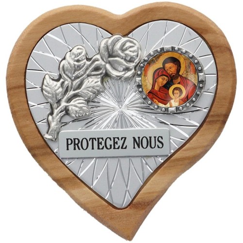 Plaque auto en bois d’olivier forme coeur avec rose- H 4 x 4 cm- Différents Saints-