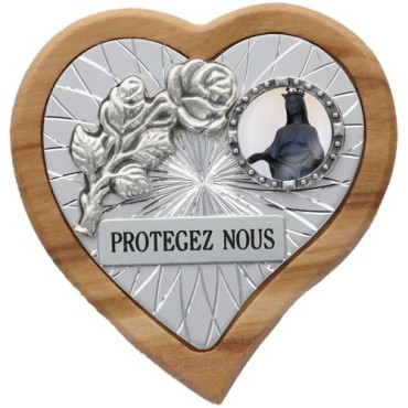 Plaque auto en bois d'olivier forme coeur avec rose- H 4 x 4 cm- Différents Saints-.