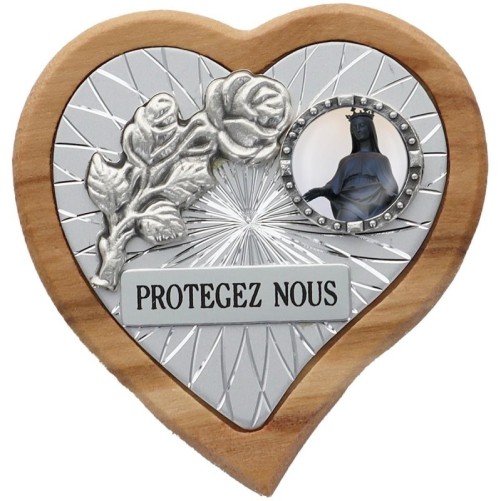 Plaque auto en bois d’olivier forme coeur avec rose- H 4 x 4 cm- Différents Saints-