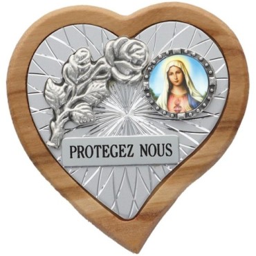 Plaque auto en bois d'olivier forme coeur avec rose- H 4 x 4 cm- Différents Saints-.