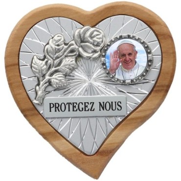 Plaque auto en bois d'olivier forme coeur avec rose- H 4 x 4 cm- Différents Saints-.