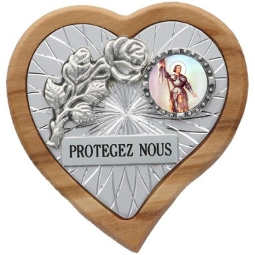 Plaque auto en bois d'olivier forme coeur avec rose- H 4 x 4 cm- Différents Saints-.