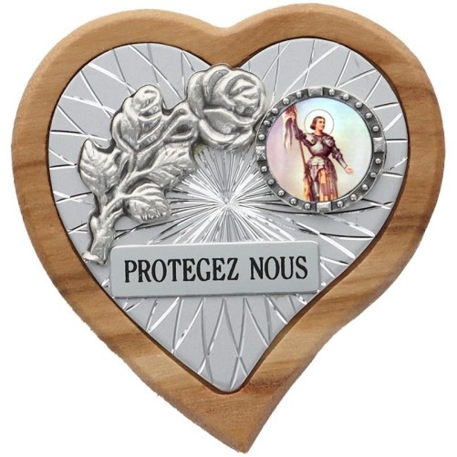 Plaque auto en bois d’olivier forme coeur avec rose- H 4 x 4 cm- Différents Saints-