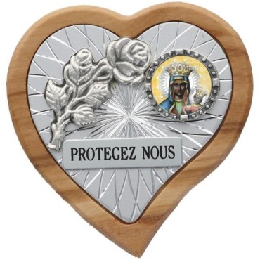 Plaque auto en bois d'olivier forme coeur avec rose- H 4 x 4 cm- Différents Saints-.