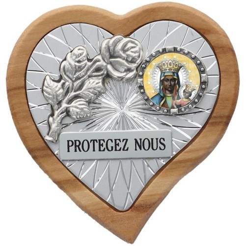 Plaque auto en bois d’olivier forme coeur avec rose- H 4 x 4 cm- Différents Saints-
