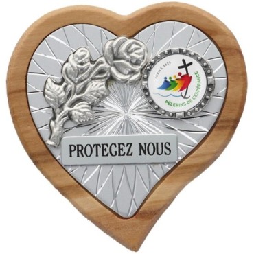 Plaque auto en bois d'olivier forme coeur avec rose- H 4 x 4 cm- Différents Saints-.