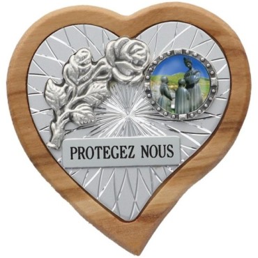 Plaque auto en bois d'olivier forme coeur avec rose- H 4 x 4 cm- Différents Saints-.