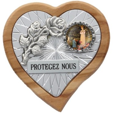 Plaque auto en bois d'olivier forme coeur avec rose- H 4 x 4 cm- Différents Saints-.