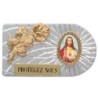 Plaque auto rectangle en aluminium strie, dimensions 2,4 x 4 cm, ornee d une rose. Differents Saints