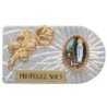 Plaque auto rectangle en aluminium strie, dimensions 2,4 x 4 cm, ornee d une rose. Differents Saints