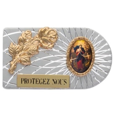 Plaque auto rectangle en aluminium strie, dimensions 2,4 x 4 cm, ornee d une rose. Differents Saints