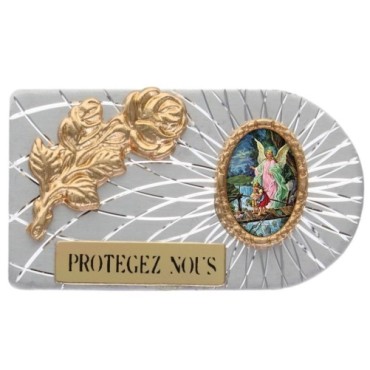 Plaque auto rectangle en aluminium strie, dimensions 2,4 x 4 cm, ornee d une rose. Differents Saints