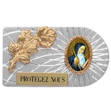Plaque auto rectangle en aluminium strie, dimensions 2,4 x 4 cm, ornee d une rose. Differents Saints