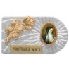Plaque auto rectangle en aluminium strie, dimensions 2,4 x 4 cm, ornee d une rose. Differents Saints