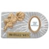 Plaque auto rectangle en aluminium strie, dimensions 2,4 x 4 cm, ornee d une rose. Differents Saints