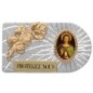 Plaque auto rectangle en aluminium strie, dimensions 2,4 x 4 cm, ornee d une rose. Differents Saints