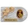 Plaque auto rectangle en aluminium strie, dimensions 2,4 x 4 cm, ornee d une rose. Differents Saints