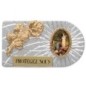 Plaque auto rectangle en aluminium strie, dimensions 2,4 x 4 cm, ornee d une rose. Differents Saints