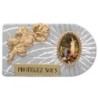 Plaque auto rectangle en aluminium strie, dimensions 2,4 x 4 cm, ornee d une rose. Differents Saints