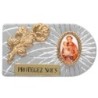Plaque auto rectangle en aluminium strie, dimensions 2,4 x 4 cm, ornee d une rose. Differents Saints