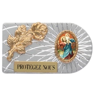 Plaque auto rectangle en aluminium strie, dimensions 2,4 x 4 cm, ornee d une rose. Differents Saints