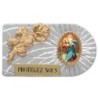 Plaque auto rectangle en aluminium strie, dimensions 2,4 x 4 cm, ornee d une rose. Differents Saints
