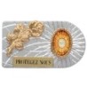 Plaque auto rectangle en aluminium strie, dimensions 2,4 x 4 cm, ornee d une rose. Differents Saints