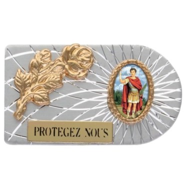 Plaque auto rectangle en aluminium strie, dimensions 2,4 x 4 cm, ornee d une rose. Differents Saints