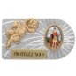 Plaque auto rectangle en aluminium strie, dimensions 2,4 x 4 cm, ornee d une rose. Differents Saints