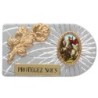 Plaque auto rectangle en aluminium strie, dimensions 2,4 x 4 cm, ornee d une rose. Differents Saints