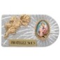 Plaque auto rectangle en aluminium strie, dimensions 2,4 x 4 cm, ornee d une rose. Differents Saints