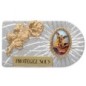 Plaque auto rectangle en aluminium strie, dimensions 2,4 x 4 cm, ornee d une rose. Differents Saints