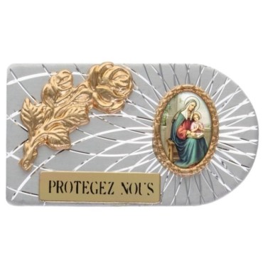 Plaque auto rectangle en aluminium strie, dimensions 2,4 x 4 cm, ornee d une rose. Differents Saints