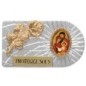 Plaque auto rectangle en aluminium strie, dimensions 2,4 x 4 cm, ornee d une rose. Differents Saints