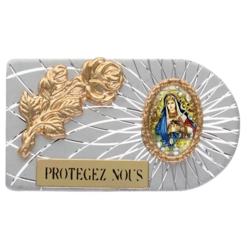 Plaque auto rectangle en aluminium strie, dimensions 2,4 x 4 cm, ornee d une rose. Differents Saints