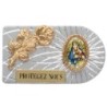 Plaque auto rectangle en aluminium strie, dimensions 2,4 x 4 cm, ornee d une rose. Differents Saints