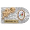 Plaque auto rectangle en aluminium strie, dimensions 2,4 x 4 cm, ornee d une rose. Differents Saints