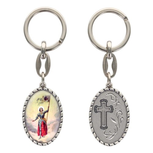Porte-clés en aluminium de couleur argenté hauteur 3,8 cm, avec résine. Disponible avec plusieurs saints au choix.