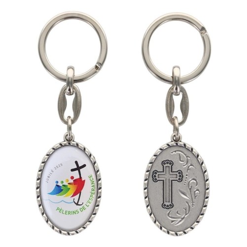 Porte-clés en aluminium de couleur argenté hauteur 3,8 cm, avec résine. Disponible avec plusieurs saints au choix.
