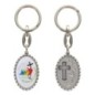 Porte-clés en aluminium de couleur argenté hauteur 3,8 cm, avec résine. Disponible avec plusieurs saints au choix.