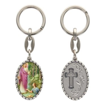 Porte-clés en aluminium de couleur argenté hauteur 3,8 cm, avec résine. Disponible avec plusieurs saints au choix.