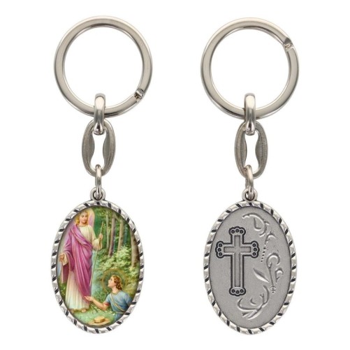 Porte-clés en aluminium de couleur argenté hauteur 3,8 cm, avec résine. Disponible avec plusieurs saints au choix.