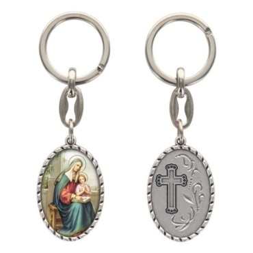 Porte-clés en aluminium de couleur argenté hauteur 3,8 cm, avec résine. Disponible avec plusieurs saints au choix.