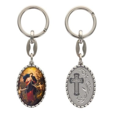 Porte-clés en aluminium de couleur argenté hauteur 3,8 cm, avec résine. Disponible avec plusieurs saints au choix.