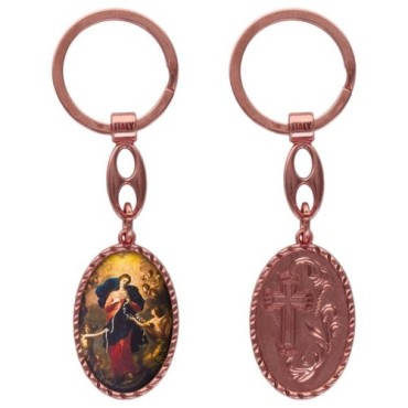 Porte-clés en aluminium de couleur cuivrée, hauteur 3,8 cm, avec résine. Disponible avec plusieurs saints au choix.