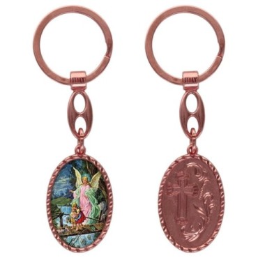 Porte-clés en aluminium de couleur cuivrée, hauteur 3,8 cm, avec résine. Disponible avec plusieurs saints au choix.